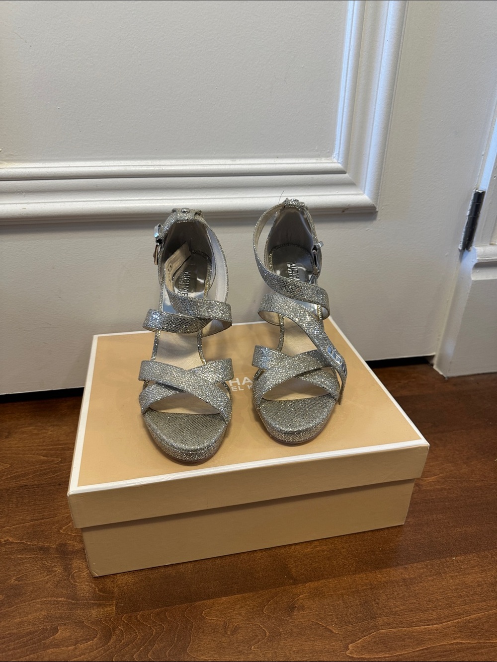 MICHAEL Michael Kors Girls' Silver Glitter Strappy Dress Sandals